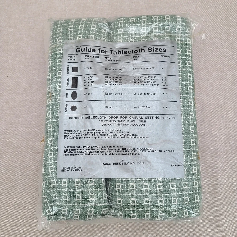 NOS VTG Cotton HOMESPUN Weave Sage Green fringed TABLECLOTH 52x70” + 4 Napkins